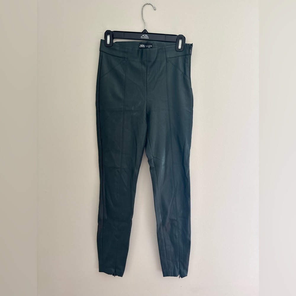 Zara Women Size S Dark Green Faux Leather High Waist Leggings Zip Ankle Pants